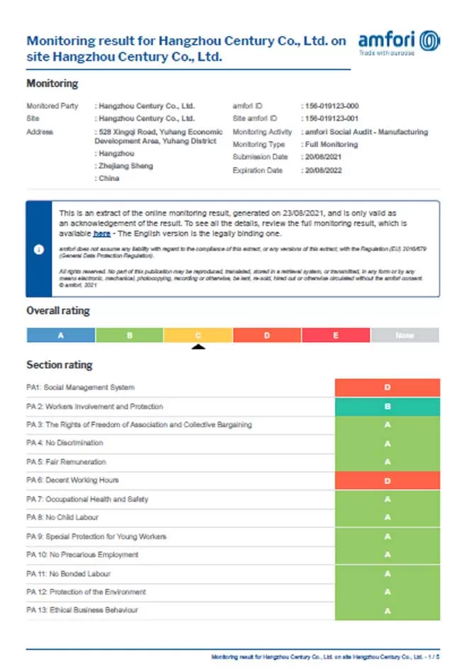 century is pleased to announce having achieved the prestigious amfori bsci certification 2